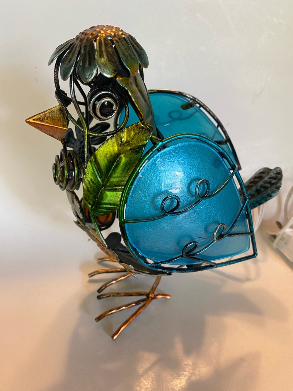Boho Metal Bird Sculpture Lamp Blue Frosted Glass Copper Flower Head 9” w/Bulb